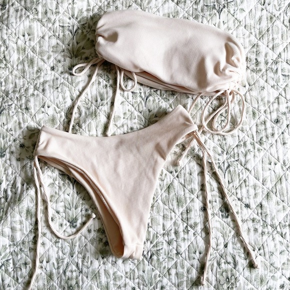 Unbranded Other - Womens Neutral Ribbed Bandeau Bikini Set High Cut Side Tie Two Piece Swimsuit